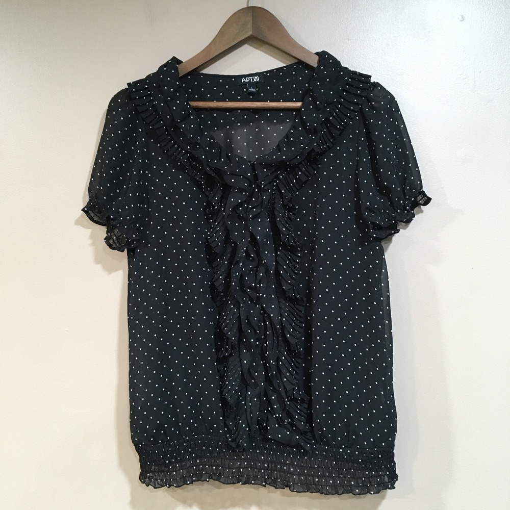Apt. 9 Polka Dot Ruffle Blouse Womens L Black White Romantic Pinup Rockabilly